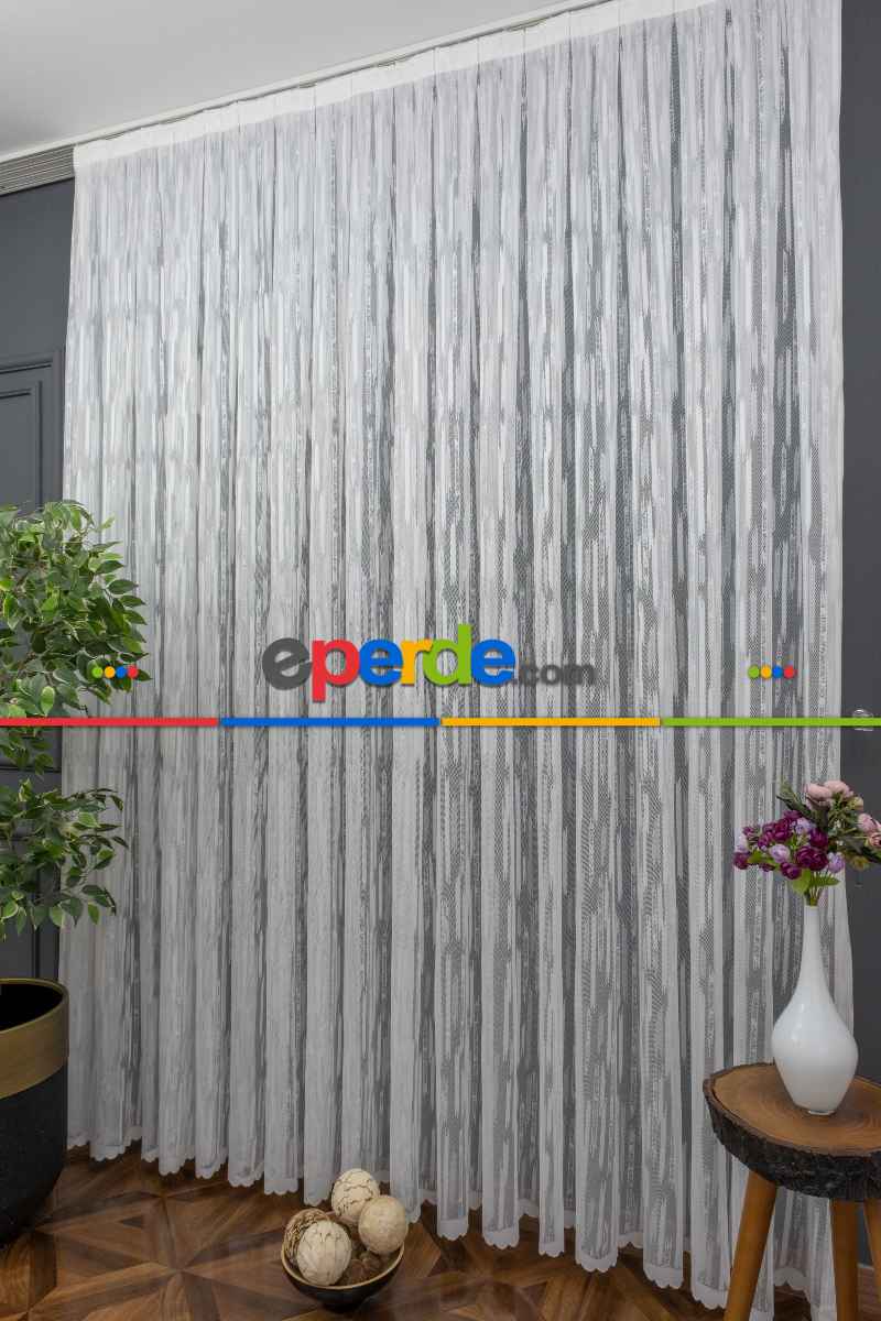 Oturma Odası - Çizgili Modern Desen Örme Tül - Ekru