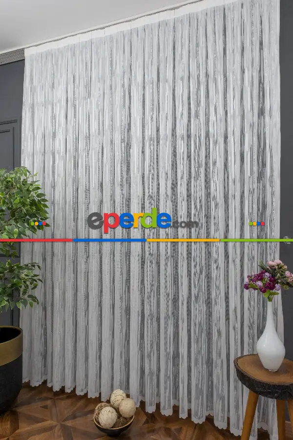 Çizgili Modern Desen Örme Tül - Ekru