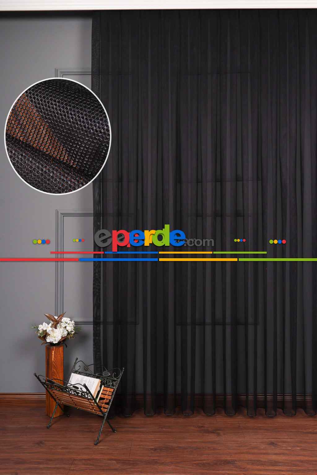 Hazır Ölçülü Petek Zemin Siyah Grek Tül Perde