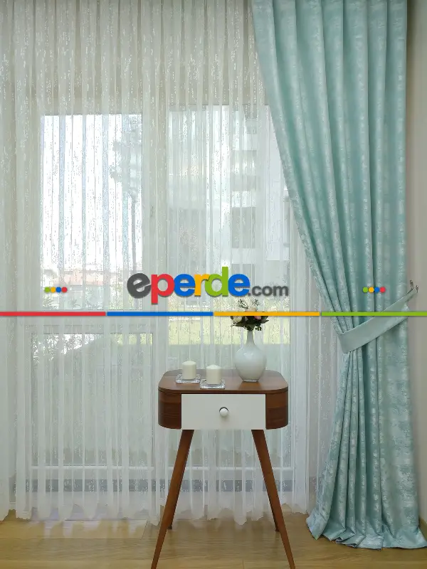 Patinedesenli Su Yeşil - Katyonik Jakar Fon Perde- Su Yeşili