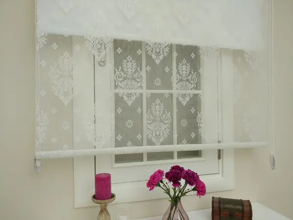 Jakar Örme Tül- Ekru Çiftli Sistem Dantel Desenli Perde- Ekru