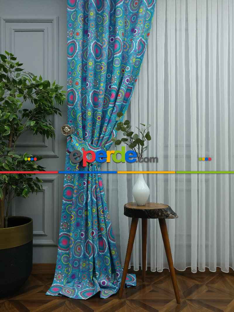 Osmanlı Mutfak Perdesi Kanat Fon Perde Desenli- Mavi