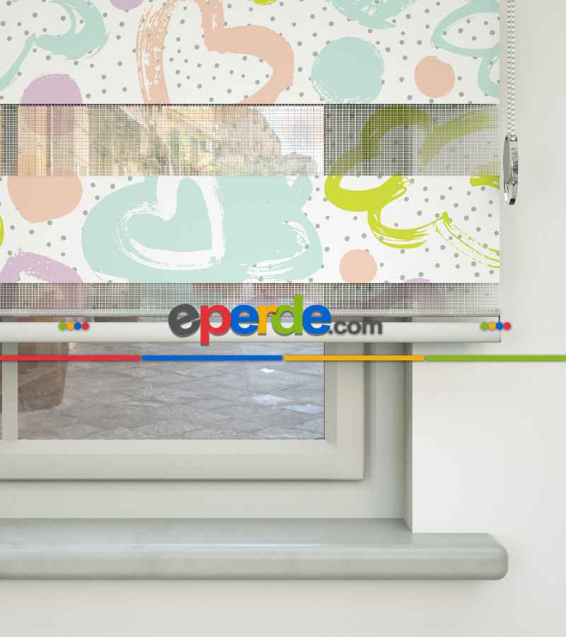 Çocuk Odası Zebra - Kalp Desenli Baskılı Zebra Perde- Çok Renkli