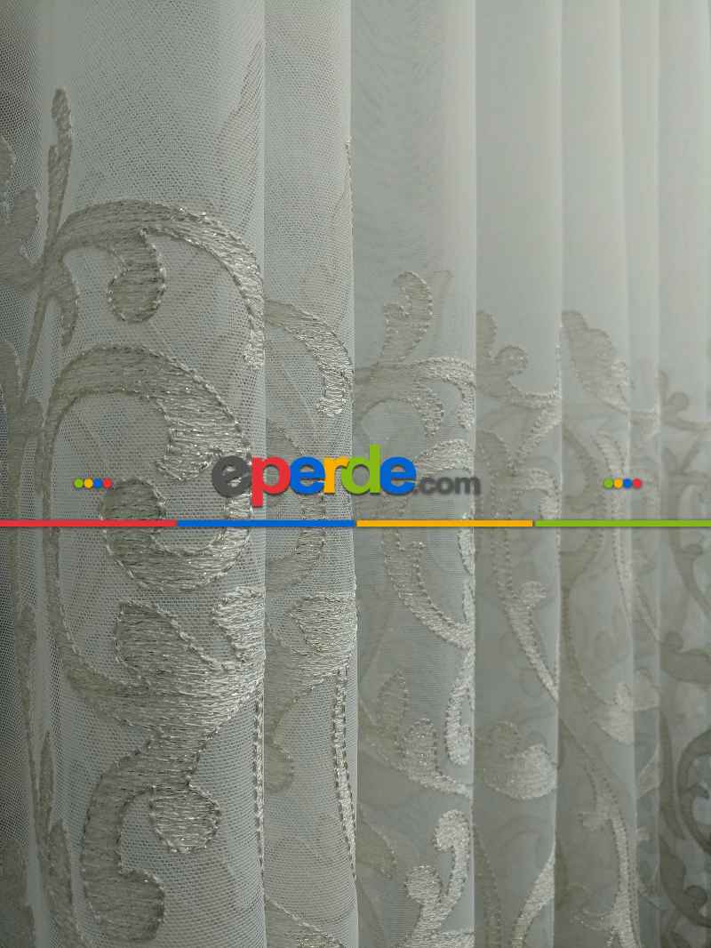 Salon Eteği Duble Nakış İşlemeli Tül Perde Ikon 2021- Krem-Krem Açık