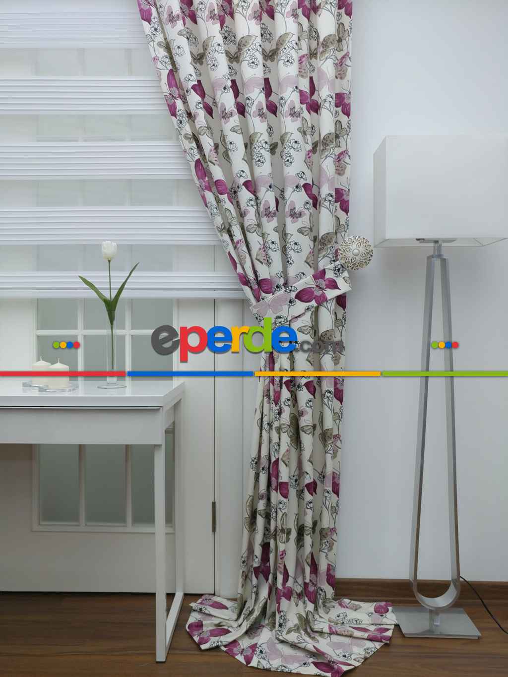 Kelebek Desenli Fon Perde Pembe Mor ( Leke Tutmaz )- Pembe-Mor