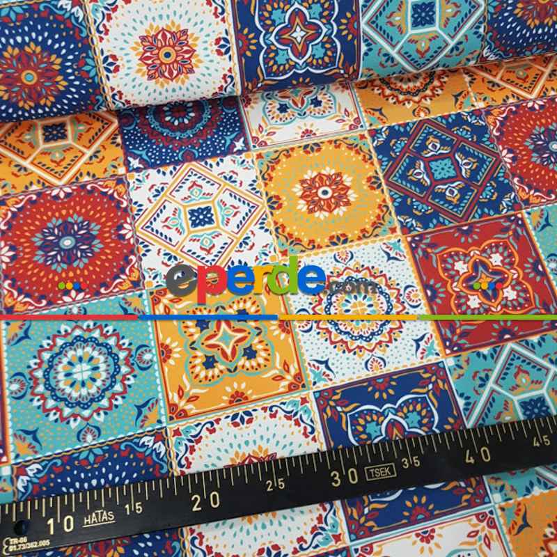 Patchwork Etnik Desenli Fon Perde Evm591 Kumaşı Kalındır Duck Bezi Değildir- Mavi-Sarı-Beyaz-Bordo-Mavi Açık