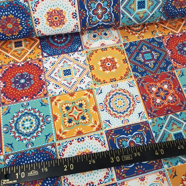 Patchwork Etnik Desenli Fon Perde Evm591 Kumaşı Kalındır Duck Bezi Değildir- Mavi-Sarı-Beyaz-Bordo-Mavi Açık