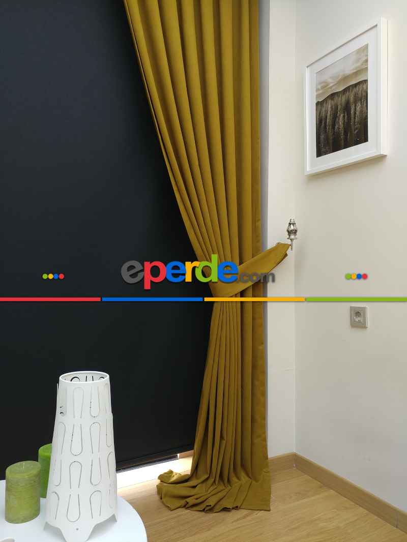 Düz Renk Dökümlü Fon Perde (150)- Hardal Yeşili