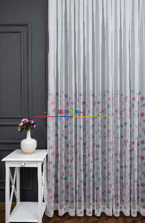 İndirimli Fiyat!! Petek Zemin Pembe Mavi Kelebek Ve Çiçek Desenli Grek Baskılı Sık Pile Tül Perde