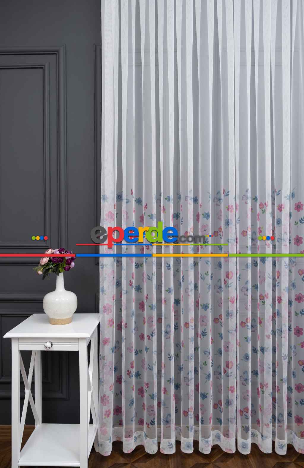 İndirimli Fiyat!! Petek Zemin Pembe Mavi Kelebek Ve Çiçek Desenli Grek Baskılı Sık Pile Tül Perde