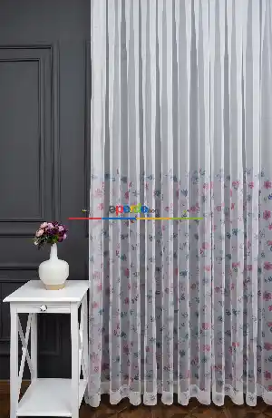 İndirimli Fiyat!! Petek Zemin Pembe Mavi Kelebek Ve Çiçek Desenli Grek Baskılı Sık Pile Tül Perde