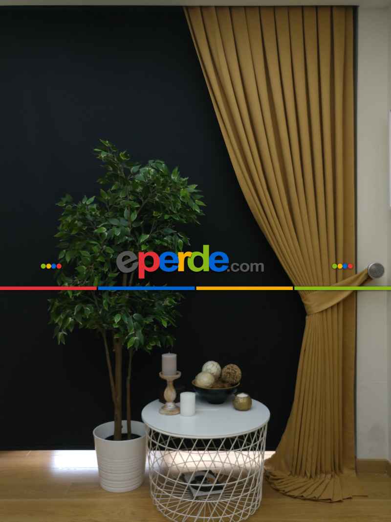 Düz Renk Dökümlü Fon Perde Bej Hardal(150)- Bej Hardal