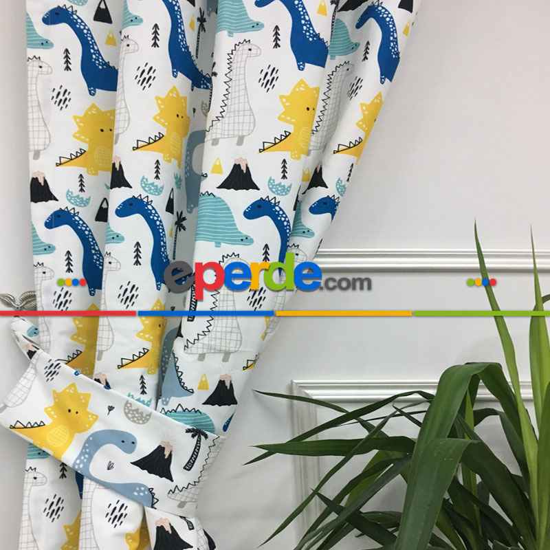 Erkek Çocuk ve Bebek Odası Fon Perde - Dinazor Desenli - Mavi Sarı