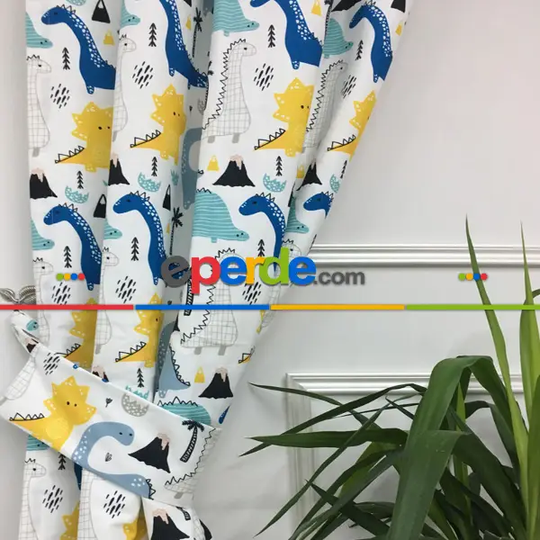Bebek Odası Fon - Dinazor Desenli Fon Perde Evm499 Kumaşı Kalındır Duck Bezi Değildir- Mavi-Sarı