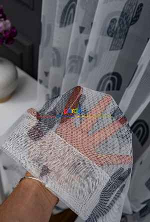 Hazır Ölçülü Petek Zemin Koyu Lacivert Renkli Kaktüs Desenli Grek Baskılı Tül Perde