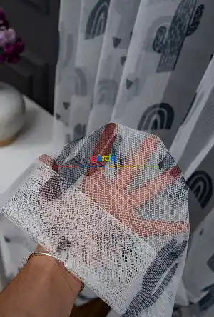 Hazır Ölçülü Petek Zemin Koyu Lacivert Renkli Kaktüs Desenli Grek Baskılı Tül Perde