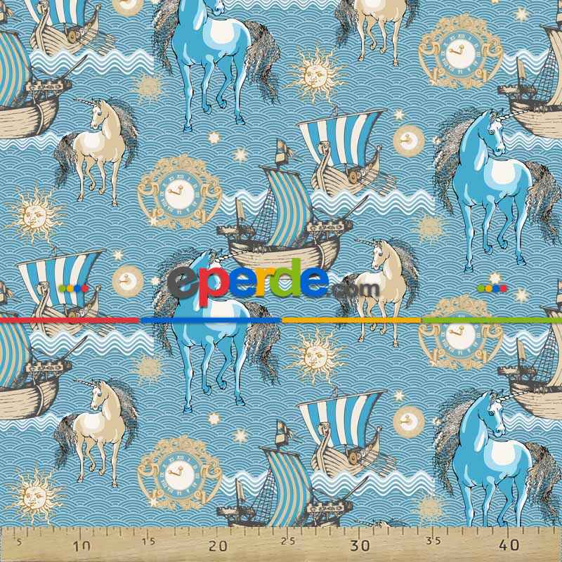 Marine Ve At Desenli Fon Perde Evm832 Kumaşı Kalındır Duck Bezi Değildir- Beyaz-Mavi Açık