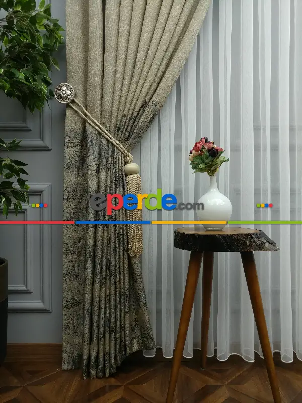 Yatak Odası - PatineDesenli Bej Jakar Fon Perde (180)- Krem Koyu