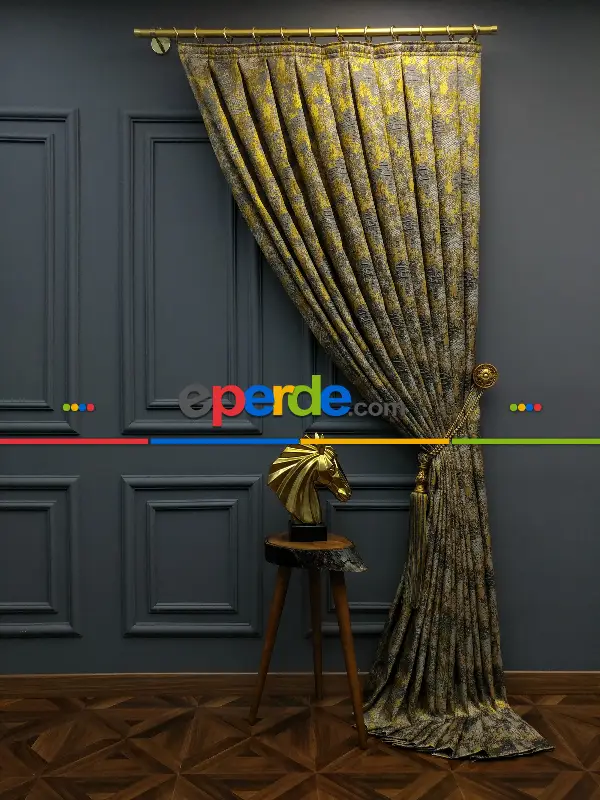 Yatak Odası - PatineDesenli Modern Desenli Jakarlı Fon Perde Yeni Seri 401- Gri-füme-antrasit-füme-altın