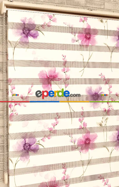 Pembe Ve Mor Çiçekler - Baskılı Zebra Perde-  Çok Renkli 2