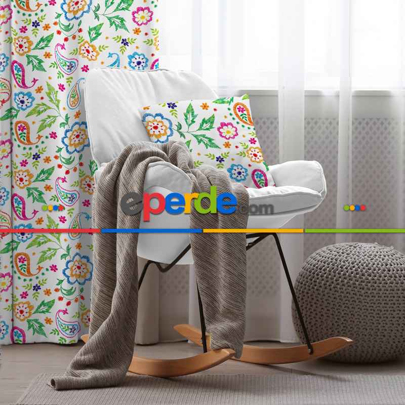 Etnik Desenli Fon Perde Evim801 Kumaşı Kalındır Duck Bezi Değildir- Mavi-beyaz