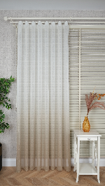 Keten Ekru Yeşil Degrade Geçişli Tül Perde, Ağır Gramajlı Premium Seri, Eteği Kurşunlu Kahverengi - Ekru - SHRINK / L.BEIGE