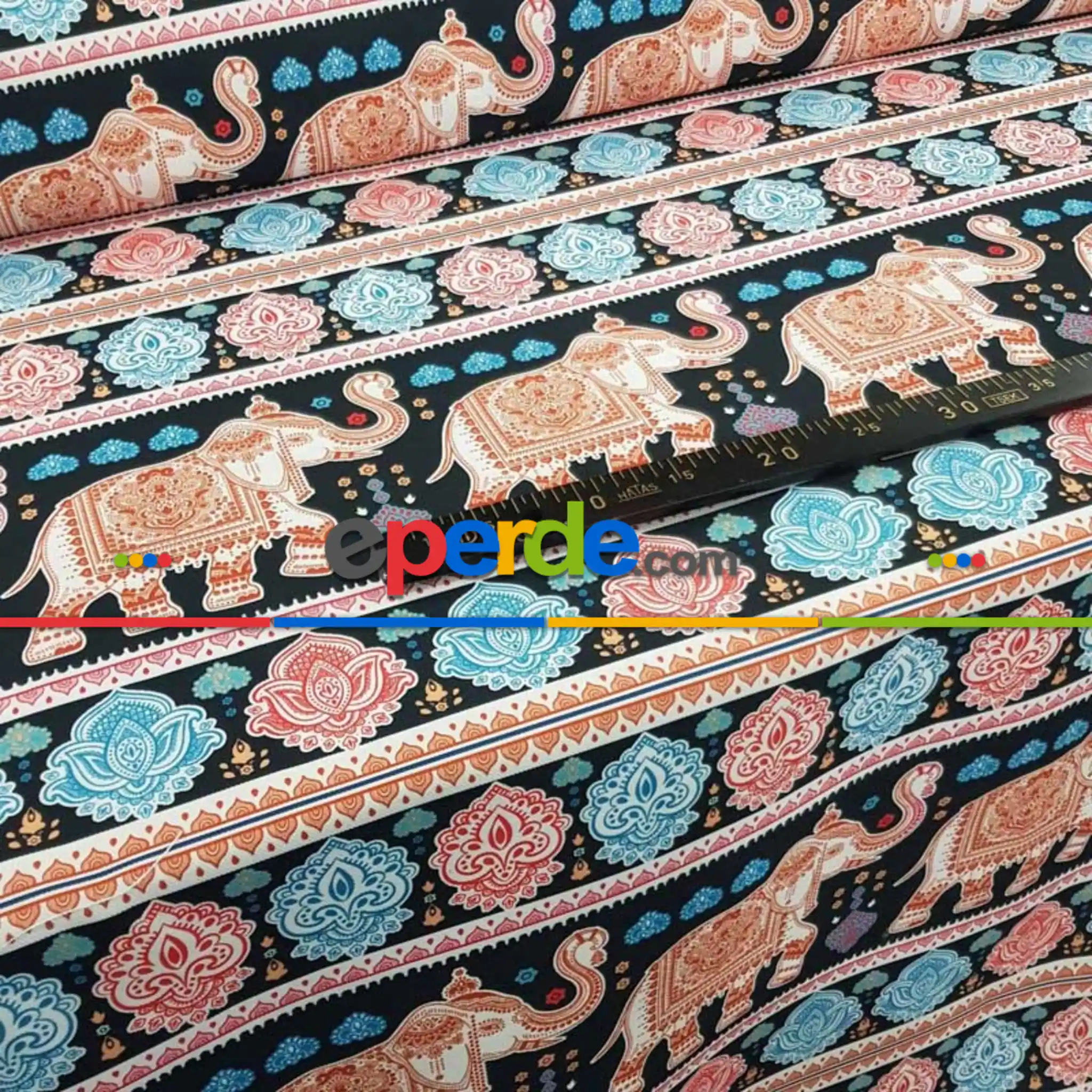 Etnik Fil Desenli Fon Perde Evm1058 Kumaşı Kalındır Duck Bezi Değildir- Siyah-Turkuaz-Pembe Koyu