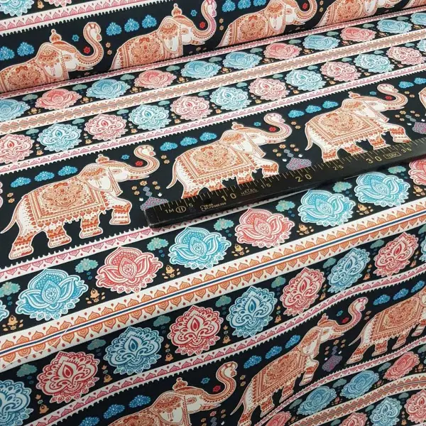 Etnik Fil Desenli Fon Perde Evm1058 Kumaşı Kalındır Duck Bezi Değildir- Siyah-Turkuaz-Pembe Koyu