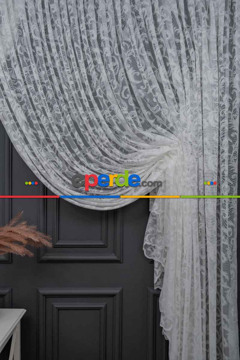 Taç Tül Perde - Tül Perde - Desenli Tül - Örme Tül - Kruvaze Şal Desen Tül Perde