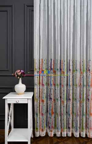 Hazır Ölçülü Petek Zemin Renkli Zürafa Desenli Sık Pileli Grek Baskılı Tül Perde