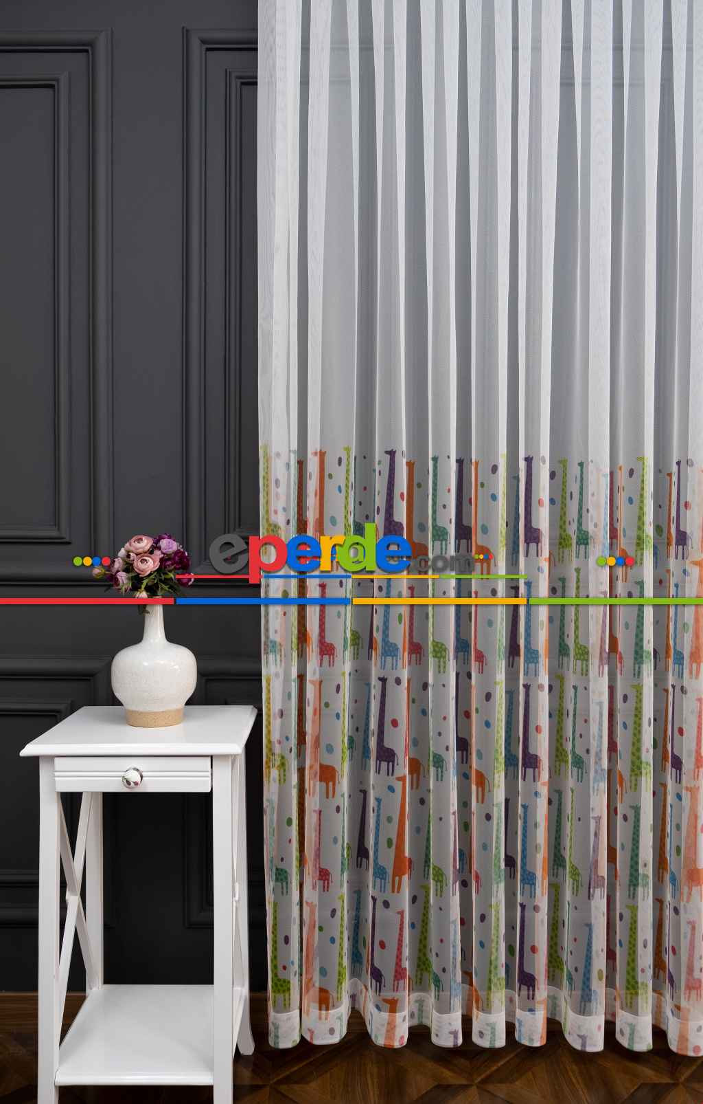 Hazır Ölçülü Petek Zemin Renkli Zürafa Desenli Sık Pileli Grek Baskılı Tül Perde