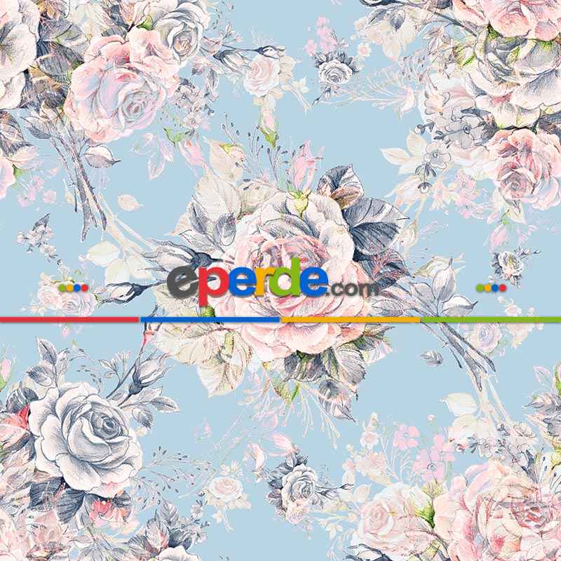 Çiçek Desenli Fon Perde Evm427 - Kumaşı Kalındır Duck Bezi Değildir.- Mavi-Pembe