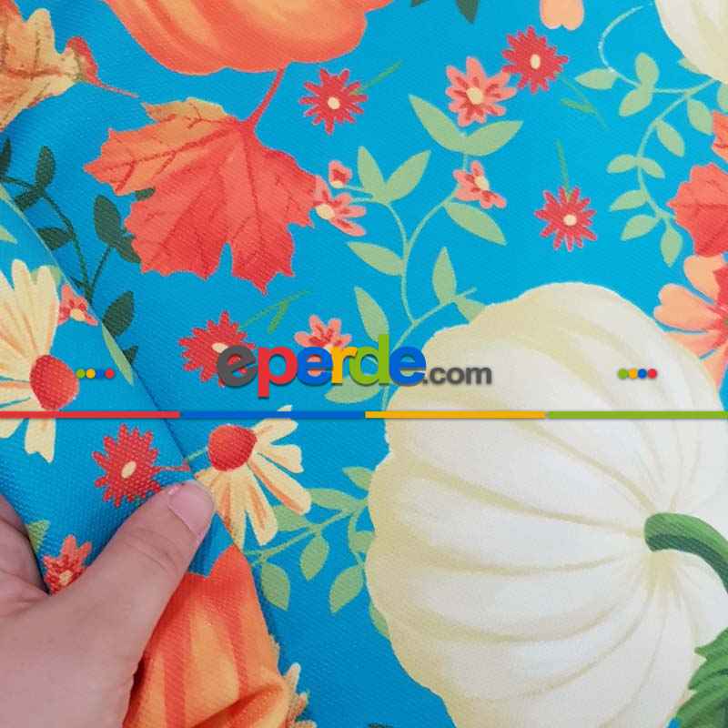 Kabak Desenli Fon Perde Evm1531 Kumaşı Kalındır Duck Bezi Değildir- Mavi-Turuncu