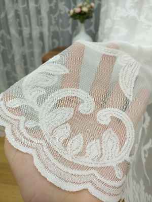 Salon İçin - Şal Desenli Özel Örme Dokulu Tül Perde - Ekru Renk - Kruvaze Model Dikiş Seçenekli - Ütü İstemez