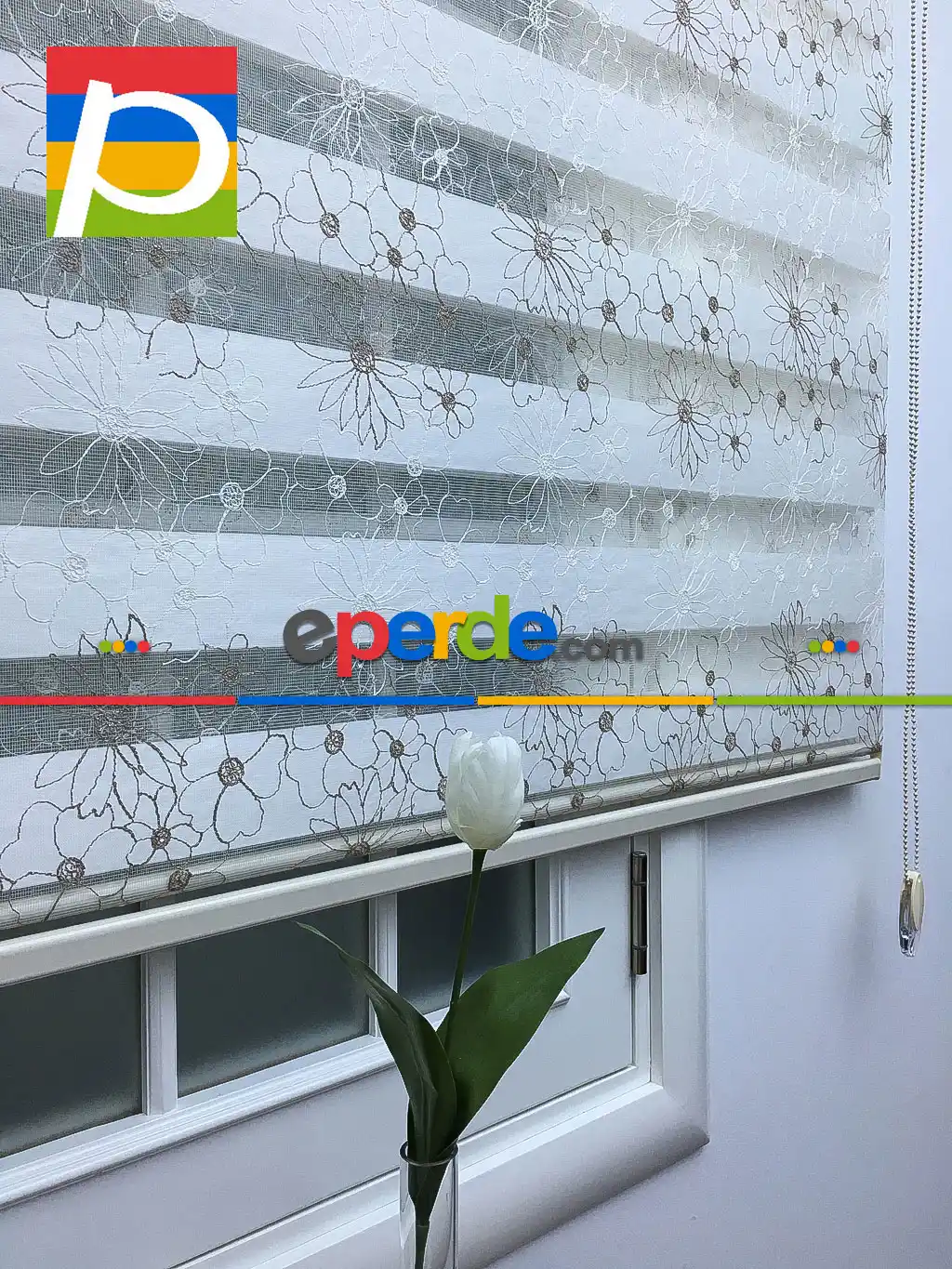 Krem Kahve Çiçek Desenli Brode İşleme Zebra Perde- Kahverengi-Krem
