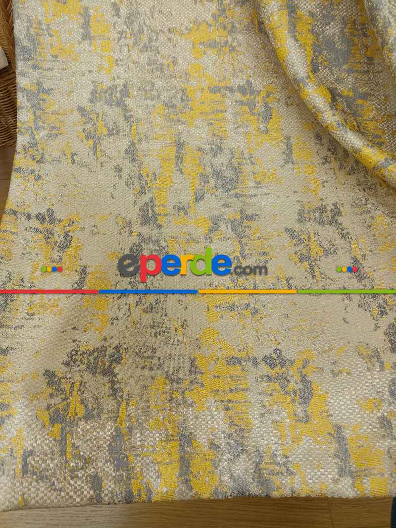 Bej Hardal Desenli Jakar Fon Perde (180)- Hardal Sarısı