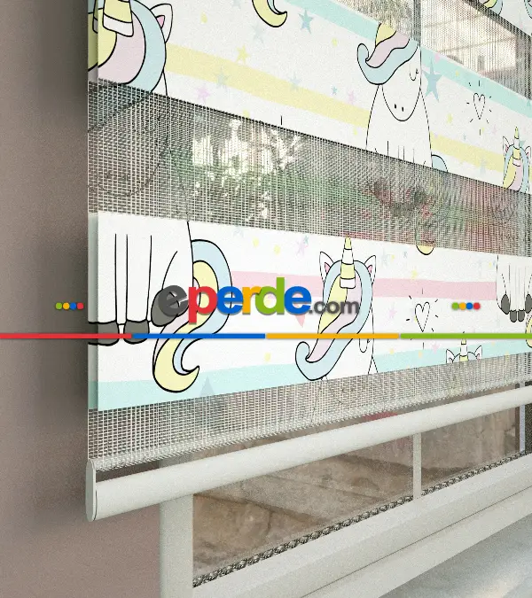 Unicorn Desenli Baskılı Zebra Perde- Çok Renkli