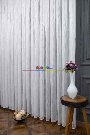 Salon - Ekru Kırık Beyaz Çızgili Tül Perde - Yüksek Kalite Sugar - Kurşunlu Tül