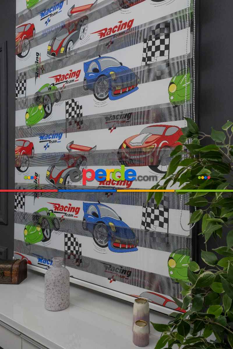 Erkek Çocuk Odası zebra Perde - Dijital Araba Baskılı Zebra Perde - Arabalar Desenli