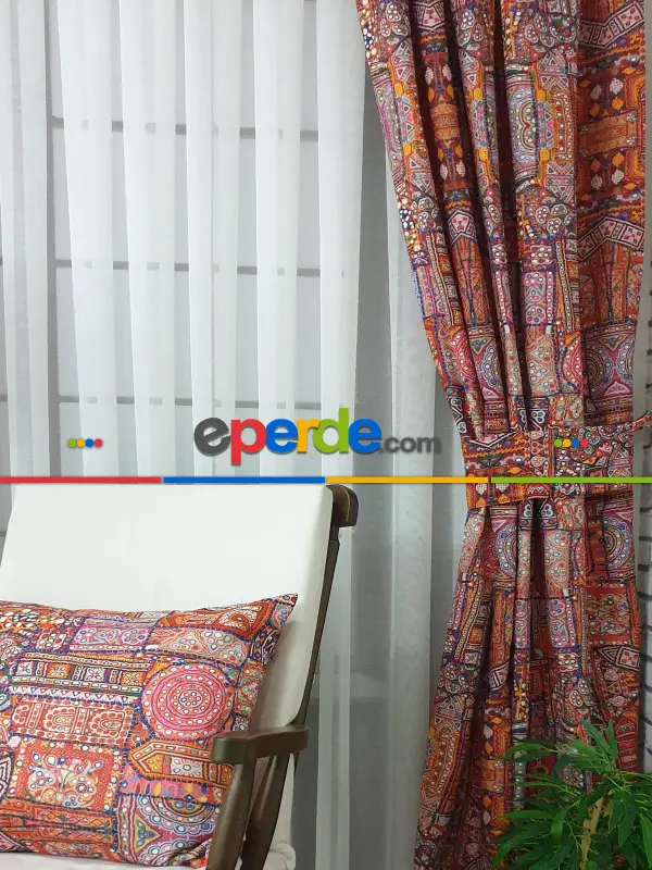 Hint El İşlemesi Desenli Baskılı Fon Perde - Kampanyalı Kaliteli Ürün- Turuncu- Çok Renkli 3