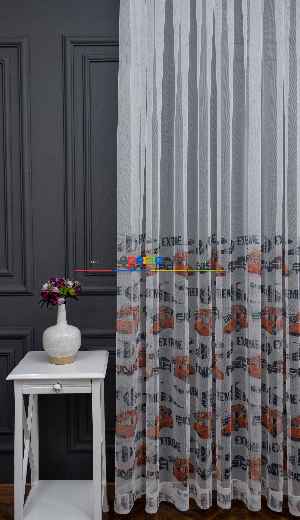 Hazır Ölçülü Petek Zemin Kırmızı Renkli Araba Desenli Grek Baskılı Tül Perde