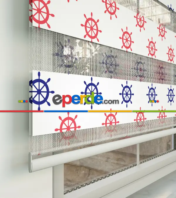 Dümen Baskılı Zebra Perde- Mavi-kırmızı-beyaz