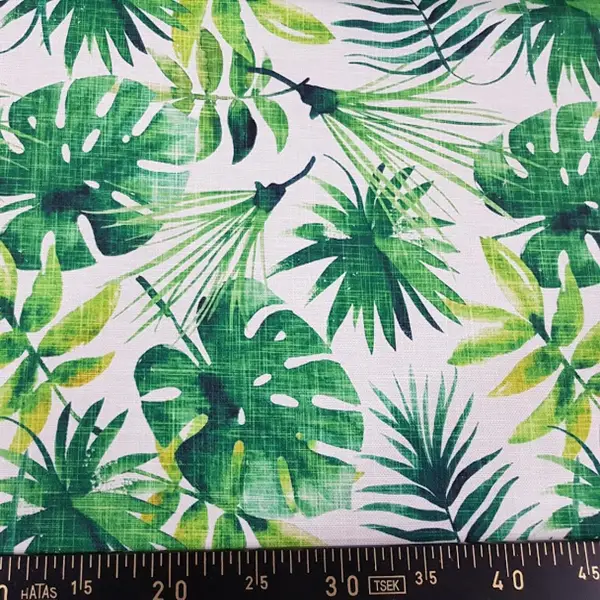 Salon Fon - Tropikal Yaprak Desenli Fon Perde Evm1121 Kumaşı Kalındır Duck Bezi Değildir- Yeşil-Beyaz