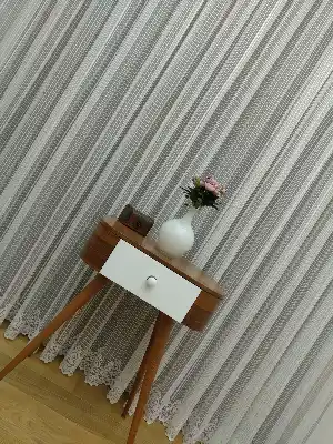 Etek Ucu Desenli Boyuna Çizgili Tül Perde ( Hazır Ölçü 1/2.5 Normal Pile )- Ekru 200cm X 195cm 