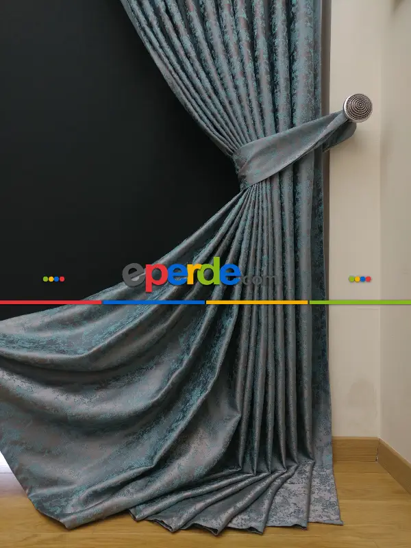 Gri Mint Desenli Jakar Fon Perde - Gri-füme-antrasit-mint