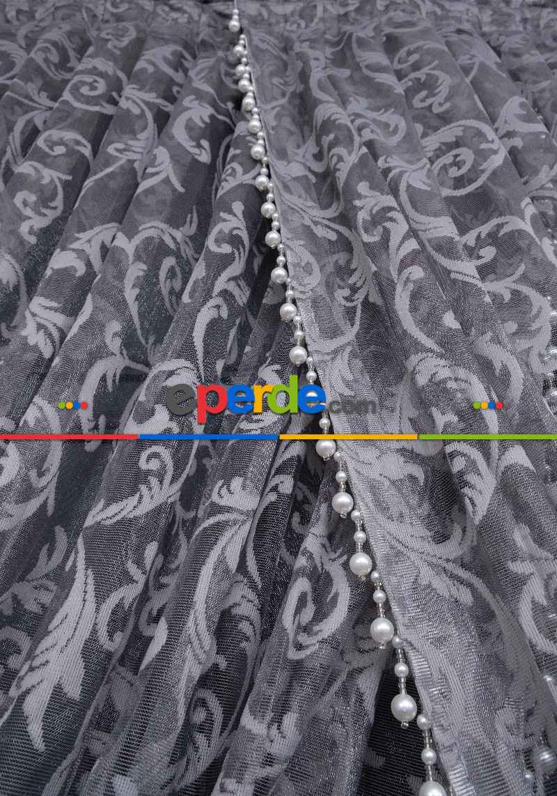 Gri Sarmaşık Desen Tül Kruvaze Şal Tül Perde Yanki Tül - Düz Model Sipariş Seçeneği - Yatak Odası Tül