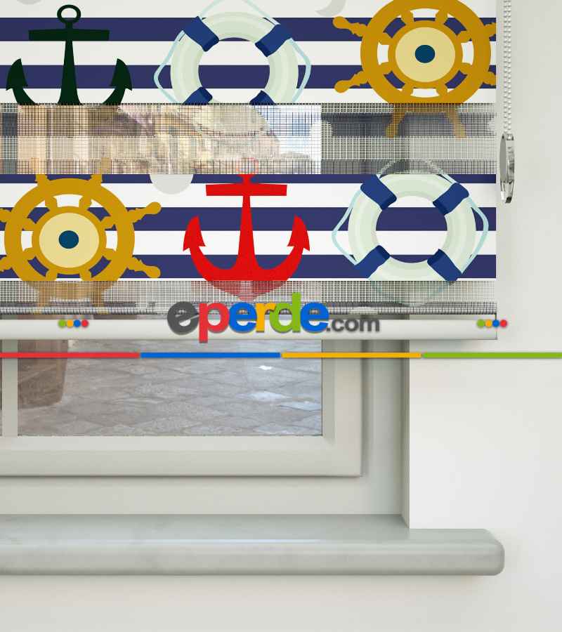 Bebek Odası Zebra Perde - Çapa Baskılı Zebra Perde- Mavi-Kırmızı-Beyaz-Hardal Sarısı