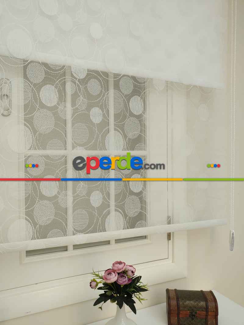 Jakar Örme Tül- Ekru Çiftli Sistem Dantel Desenli Perde- Ekru