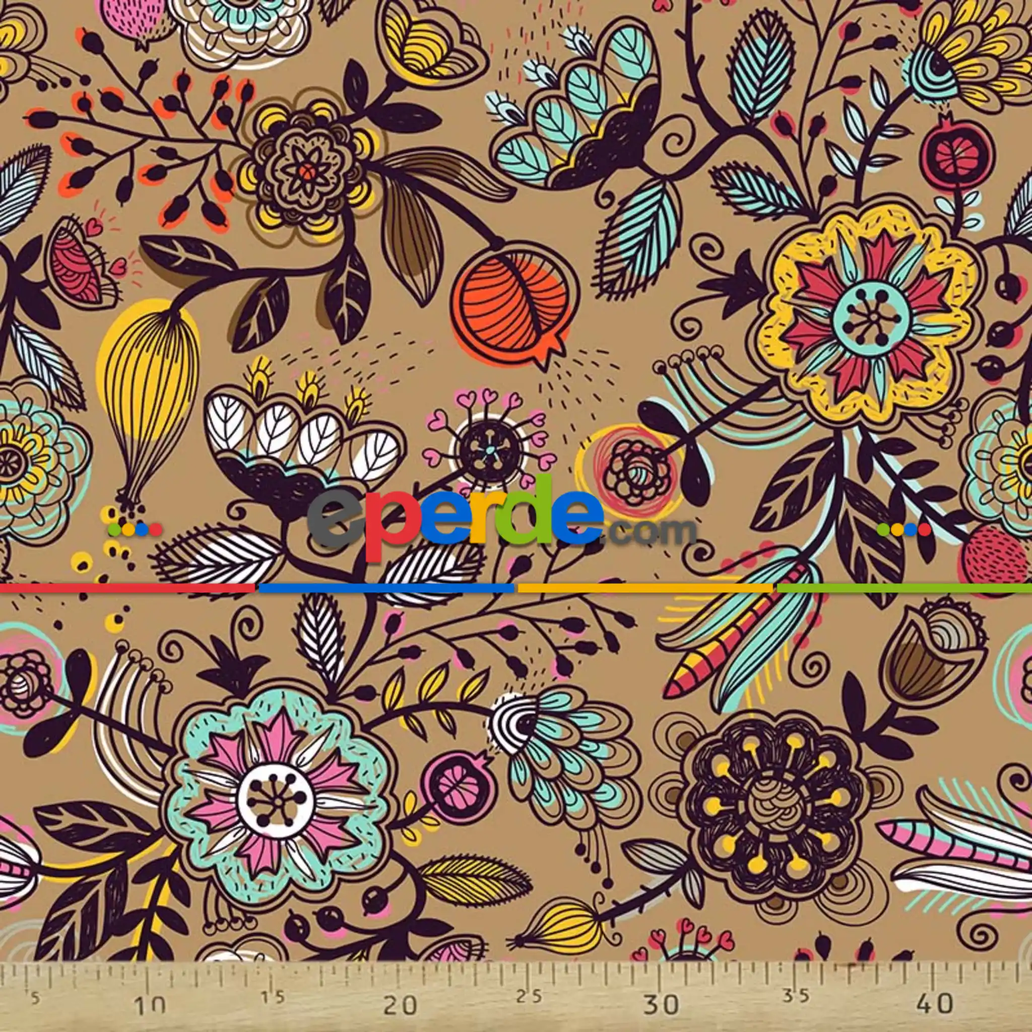 Kahve Çiçek Desenli Fon Perde Evm601 Kumaşı Kalındır Duck Bezi Değildir- Sarı-Beyaz-Turkuaz-Pembe-Kahve