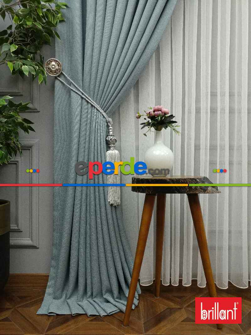 Brillant Keten Açık Havai Mavi Renk Düz Fon Perde - Mavi Doymamış-mint